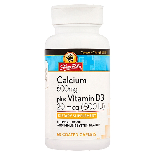 ShopRite Calcium Plus Vitamin D3 Dietary Supplement, 60 count
Supports Bone and Immune System Health*

Calcium is the primary mineral responsible for strong bones.* The body also uses calcium for proper muscle contraction and nerve function.* Vitamin D assists in maintaining a healthy immune system.*
Just two caplets of calcium plus vitamin D3 give you the support of 92% of the daily value for calcium. We include vitamin D to aid the absorption of this essential mineral.*
*These statements have not been evaluated by the Food and Drug Administration. This product is not intended to diagnose, treat, cure or prevent any disease.