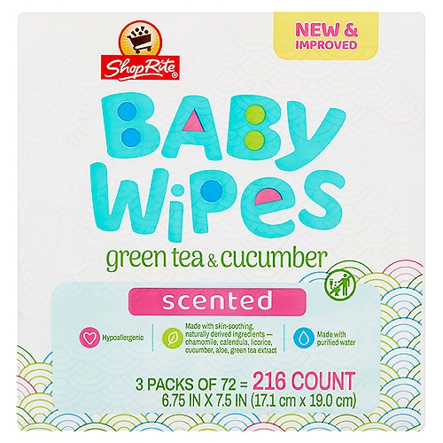 ShopRite Green Tea & Cucumber Scented Baby Wipes, 72 count, 3 pack
Our green tea and cucumber scented, pre-moistened ShopRite® Baby Wipes are formulated with purified water, aloe, vitamin E and chamomile leaving your baby with soft and smooth skin. They are made from high quality material so you can confidently tackle big messes. No alcohol, dyes, parabens, phthalates or harsh irritants means these wipes are safe and gentle for the whole family.

Made with skin-soothing, naturally derived ingredients - chamomile, calendula, licorice, cucumber, aloe, green tea extract