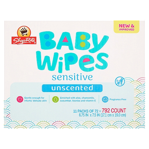 ShopRite Sensitive Unscented Baby Wipes, 72 count, 11 pack
Our fragrance free, pre-moistened ShopRite® Baby Wipes are formulated with purified water, aloe, vitamin E and chamomile leaving your baby with soft and smooth skin. They are made from high quality material so you can confidently tackle big messes. No alcohol dyes, parabens, phthalates, or harsh irritants means these wipes are safe and gentle for the whole family.