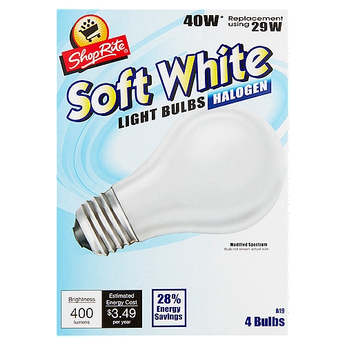 ShopRite Halogen 40W Soft White A19 Light Bulbs, 4 count