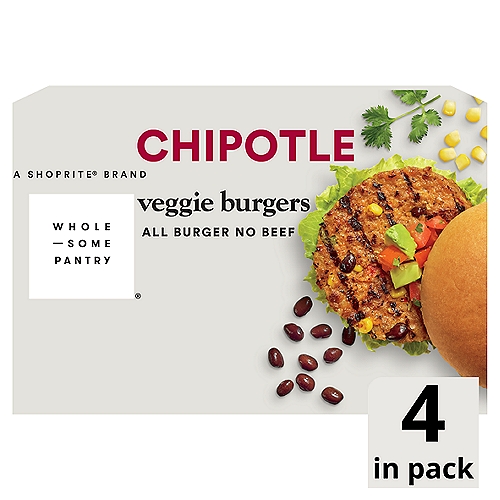 Wholesome Pantry Chipotle Veggie Burgers, 4 count, 10 oz
Made with Black Beans, Corn and Spicy Chipotle Peppers for a Savory Tex Mex Flavor with Just the Right Amount of Heat

58% Less Fat than Ground Beef Patty*
*80% Lean Ground Beef Contains 14g Total Fat per Serving (71g), Wholesome Pantry Black Bean Veggie Burger Contains 6g Total Fat per Serving (71g)