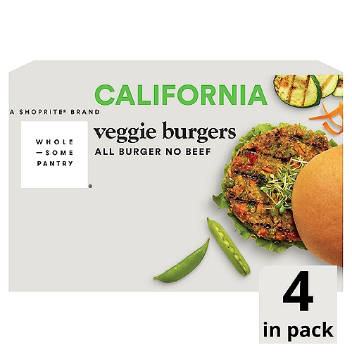 Wholesome Pantry California Veggie Burgers, 4 count, 10 oz
Loaded with a Blend of 10 Vegetables Including Edamame, Carrots, Peas and Corn for a Great Natural Flavor

85% Less Fat than Ground Beef Patty*
*80% Lean Ground Beef Contains 14g Total Fat per Serving (71g), Wholesome Pantry California Veggie Burger Contains 2g Total Fat per Serving (71g)