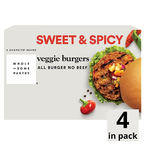 Wholesome Pantry Sweet & Spicy Veggie Burgers, 4 count, 10 oz
This Grain-Based Veggie Burger is Made with Sweet and Spicy Peppers for a Sweet Bite with a Hint of Heat

80% Less Fat than Ground Beef Patty*
*80% Lean Ground Beef Contains 14g Total Fat per Serving (71g), Wholesome Pantry Sweet & Spicy Pepper Veggie Burger Contains 2.5g Total Fat per Serving (71g)