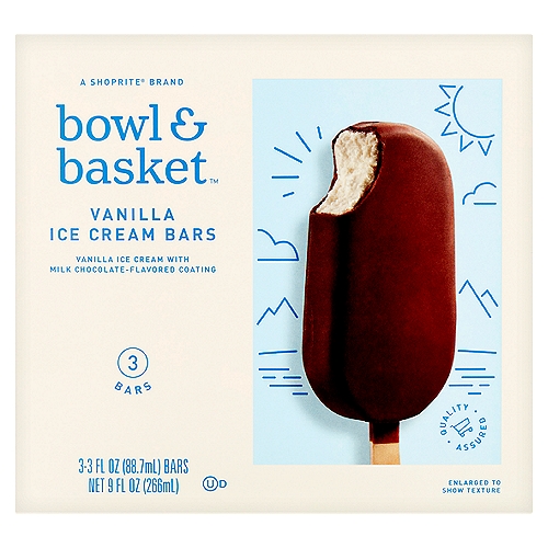 Bowl & Basket Vanilla Ice Cream Bars, 3 fl oz, 3 count
Vanilla Ice Cream with Milk Chocolate-Flavored Coating