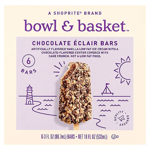 Bowl & Basket Chocolate Éclair Bars, 3 fl oz, 6 count
Artificially Flavored Vanilla Ice Cream with a Chocolate-Flavored Center Covered with Cake Crunch