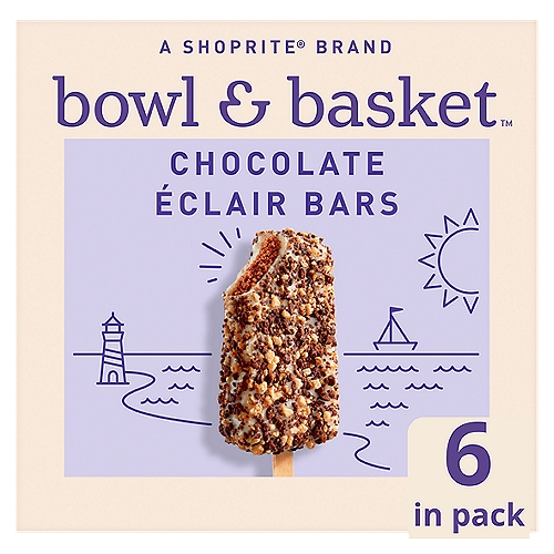 Bowl & Basket Chocolate Éclair Bars, 3 fl oz, 6 count
Artificially Flavored Vanilla Low Fat Ice Cream with a Chocolate-Flavored Center Covered with Cake Crunch.