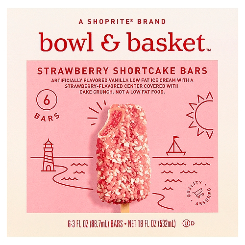 Bowl & Basket Strawberry Shortcake Bars, 3 fl oz, 6 count
Artificially Flavored Vanilla Ice Cream with a Strawberry-Flavored Center Covered with Cake Crunch