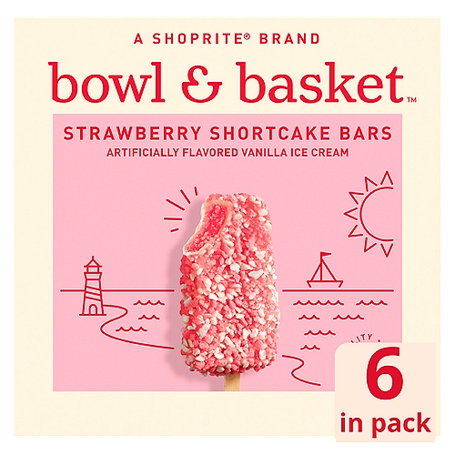 Bowl & Basket Strawberry Shortcake Bars, 3 fl oz, 6 count
Artificially Flavored Vanilla Low Fat Ice Cream with a Strawberry-Flavored Center Covered with Cake Crunch.