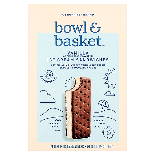 Bowl & Basket Vanilla Ice Cream Sandwiches, 3.5 fl oz, 24 count
Artificially Flavored Vanilla Ice Cream Between Chocolate Wafers