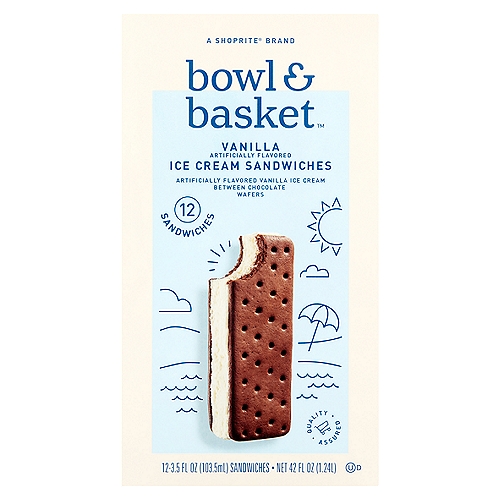 Bowl & Basket Vanilla Ice Cream Sandwiches, 3.5 fl oz, 12 count
Artificially Flavored Vanilla Ice Cream Between Chocolate-Flavored Wafers