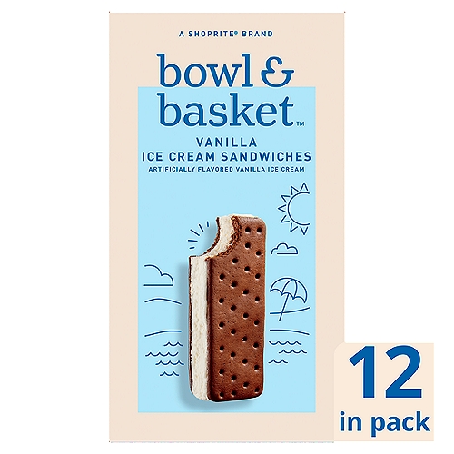 Bowl & Basket Vanilla Ice Cream Sandwiches, 3.5 fl oz, 12 count
Artificially Flavored Vanilla Ice Cream Between Chocolate Wafers