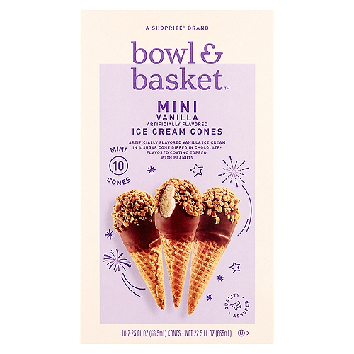 Bowl & Basket Mini Vanilla Ice Cream Cones, 2.25 fl oz, 10 count
Artificially Flavored Vanilla Ice Cream in a Sugar Cone Dipped in a Chocolate-Flavored Coating Topped with Peanuts & Cone Pieces