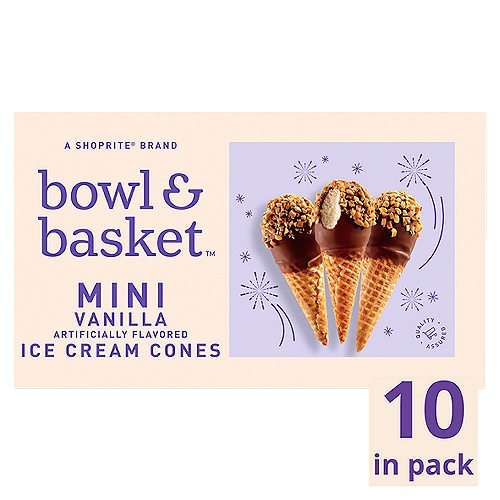 Bowl & Basket Mini Vanilla Ice Cream Cones, 2.25 fl oz, 10 count
Artificially Flavored Vanilla Ice Cream in a Sugar Cone Dipped in a Chocolate-Flavored Coating Topped with Peanuts
