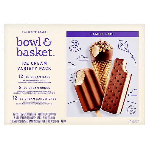 Bowl & Basket Ice Cream Variety Family Pack, 30 count
Ice Cream Bars
Artificially Flavored Vanilla Ice Cream with Chocolate-Flavored Coating

Ice Cream Cones
Artificially Flavored Vanilla Ice Cream with Chocolate-Flavored Coating & Peanuts in a Sugar Cone

Ice Cream Sandwiches
Artificially Flavored Vanilla Ice Cream Between Chocolate-Flavored Wafers