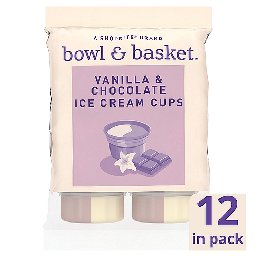 Bowl & Basket Vanilla & Chocolate Ice Cream Cups, 3 fl oz, 12 count
Artificially Flavored Vanilla & Chocolate Ice Cream