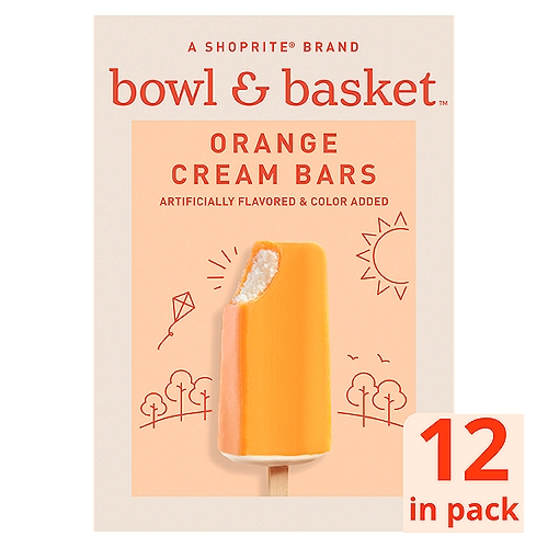Bowl & Basket Orange Cream Bars, 2.5 fl oz, 12 count
Artificially Flavored & Color Added Vanilla Low Fat Ice Cream with an Orange Sherbet Shell