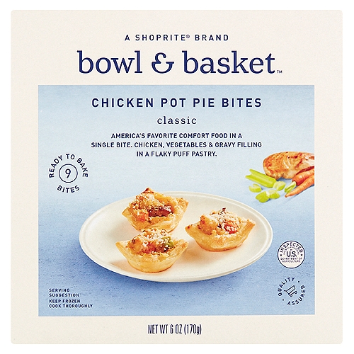 Bowl & Basket Classic Chicken Pot Pie Bites, 9 count, 6 oz
America's Favorite Comfort Food in a Single Bite. Chicken, Vegetables & Gravy Filling in a Flaky Puff Pastry.