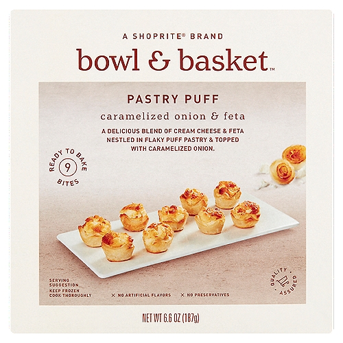 Bowl & Basket Caramelized Onion & Feta Pastry Puff, 9 count, 6.6 oz
A Delicious Blend of Cream Cheese & Feta Nestled in Flaky Puff Pastry & Topped with Caramelized Onion.