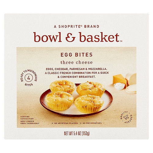 Bowl & Basket Three Cheese Egg Bites, 4 count, 5.4 oz
Eggs, Cheddar, Parmesan & Mozzarella. A Classic French Combination for a Quick & Convenient Breakfast.