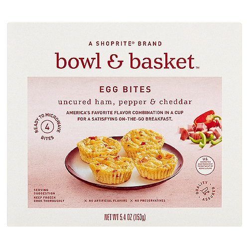 Bowl & Basket Uncured Ham, Pepper & Cheddar Egg Bites, 4 count, 5.4 oz
America's Favorite Flavor Combination in a Cup for a Satisfying on-the-Go Breakfast.