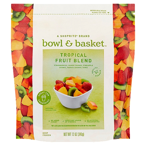 Bowl & Basket Tropical Fruit Blend, 12 oz
Strawberries, Mango Chunks, Pineapple Chunks, Papaya Chunks, Kiwis

No Added Sugar*
*Not a Low Calorie Food. See Nutrition Information for Calorie and Total Sugar Content.