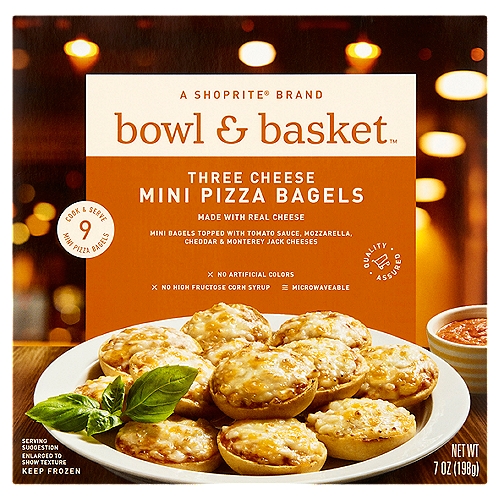 Bowl & Basket Three Cheese Mini Pizza Bagels, 9 count, 7 oz
Mini Bagels Topped with Tomato Sauce, Mozzarella, Cheddar & Monterey Jack Cheeses