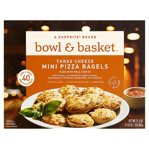 Bowl & Basket Three Cheese Mini Pizza Bagels, 40 count, 31.1 oz
Mini Bagels Topped with Tomato Sauce, Mozzarella, Cheddar & Monterey Jack Cheeses