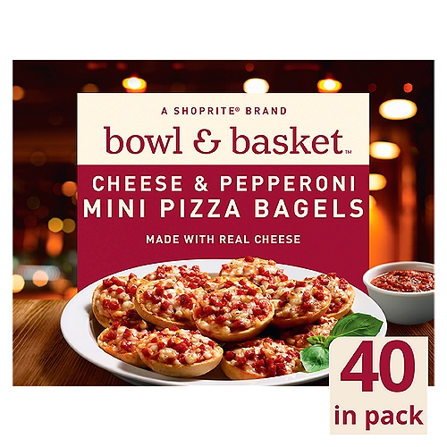 Bowl & Basket Cheese & Pepperoni Mini Pizza Bagels, 40 count, 31.1 oz
Mini Bagels Topped with Tomato Sauce, Mozzarella Cheese & Pepperoni