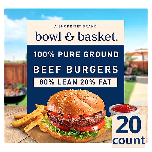 Bowl & Basket 80% Lean 20% Fat Beef Burgers, 1/4 lb, 20 count