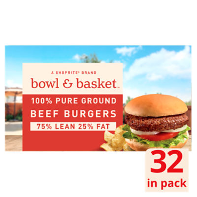 Bowl & Basket 75% Lean 25% Fat Beef Burgers, 1/4 pound, 32 count, 128 Ounce