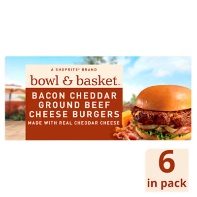 Bowl & Basket Bacon Cheddar Ground Beef Cheese Burgers, 1/3 pound, 6 count, 32 Ounce