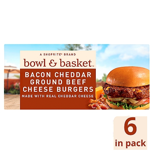 Bowl & Basket Bacon Cheddar Ground Beef Cheese Burgers, 1/3 pound, 6 count