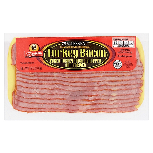ShopRite Turkey Bacon, 12 oz
Cured Turkey Thighs Chopped and Formed

75% less fat* than USDA data for pork bacon
*Before cooking fat content has been reduced from 11.5g to 2.8g per serving