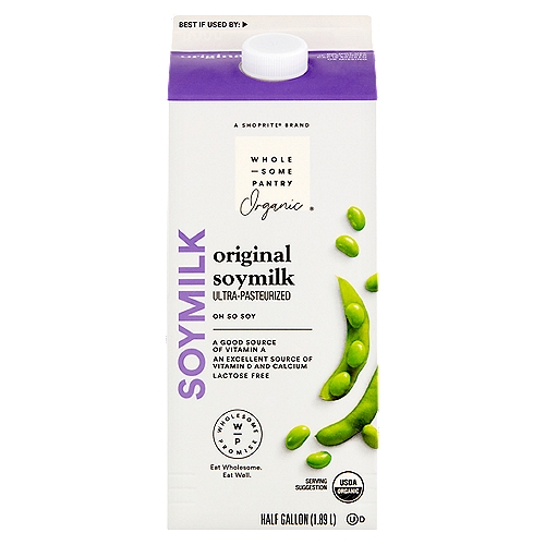 Wholesome Pantry Organic Original Soymilk, half gallon
Meets the FDA's Heart Healthy Claim. Diets Low in Saturated Fat and Cholesterol that Include 25g of Soy Protein a Day May Reduce the Risk of Heart Disease. Wholesome Pantry Soymilk Contains 6.5g of Soy Protein per Serving.