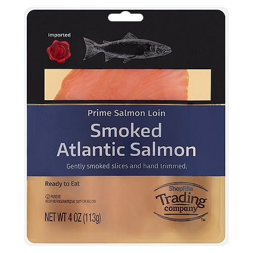 ShopRite Trading Company Prime Salmon Loin Smoked Atlantic Salmon, 4 oz
Our delicate Norwegian Smoked Salmon is only smoked from sustainable fresh salmon. We have ensured that each package has been treated with the utmost of care. Each slice has been trimmed and cut with no brown meat in sight. We can assure you that you will taste excellence in each bite.
