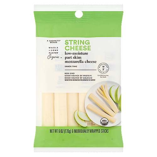 6, 1 oz individually wrapped sticks. Low moisture part skim Mozzarella cheese. Good source of Calcium. USDA Organic.