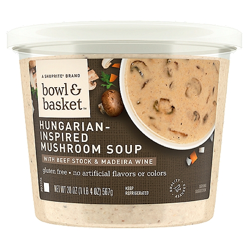 Bowl & Basket Hungarian Mushroom Soup, 20 oz
A Hearty Blend of Mushrooms, Onions & Carrots Simmered in a Beef Stock & Combined with Madeira Wine, Sour Cream, Butter