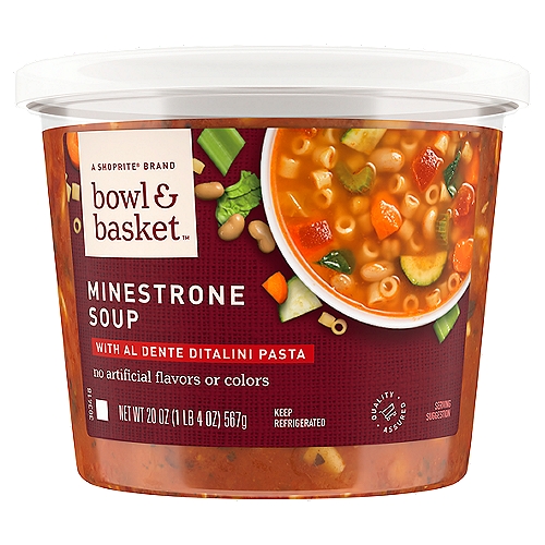 Bowl & Basket Minestrone Soup, 20 oz
Hearty White Beans & Ditalini Pasta, Perfectly Al Dente in Handcrafted Vegetable Stock with a Medley of Garden Vegetables & Olive Oil