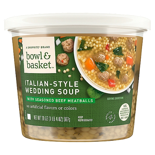 Bowl & Basket Italian-Style Wedding Soup with Meatballs, 20 oz
Perfectly Seasoned Meatballs & Mini Acini di Pepe in Handcrafted Chicken Stock with Onions, Spinach, Sautéed Garlic & a Touch of Olive Oil
