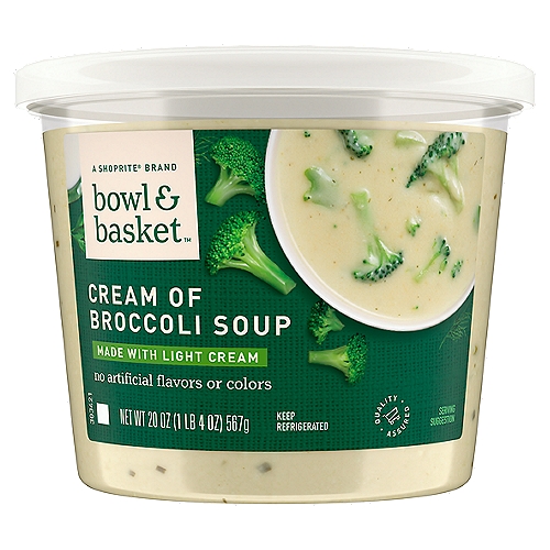 Bowl & Basket Cream of Broccoli Soup with Cheese, 20 oz
Hearty Chicken Stock Gently Puréed with Broccoli, Light Cream, Sautéed Onions & a Mild Blend of Monterey Jack Cheese, Sea Salt, White Pepper & Dill