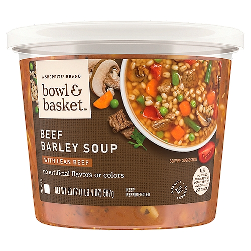 a shoprite brand. seared strips of lean beef & pearl barley in a beef stock with a boatload of veggies - tomatoes, green beans, peas & mushrooms