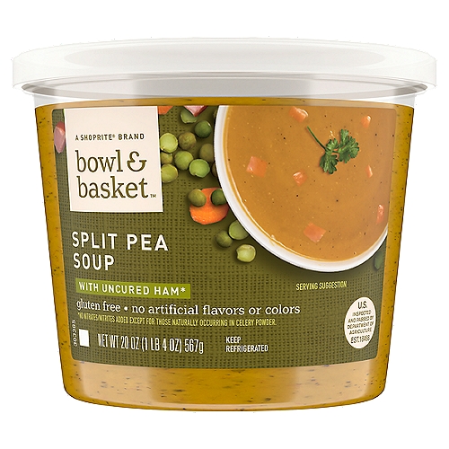 Bowl & Basket Split Pea Soup with Uncured Ham, 20 oz
The Perfect Purée of Green Split Peas, Onions, Hearty Chicken Stock, Carrots & Celery with Smoky Chopped Uncured Ham* & a Pinch of Marjoram
*No nitrates/nitrites added except for those naturally occurring in celery powder.