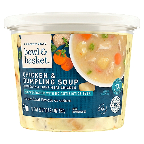 Bowl & Basket Chicken & Dumpling Soup with Dark and Light Meat Chicken, 20 oz
Slow-Simmered Chicken in a Roux-Thickened Stock with Hearty Dumplings, Carrots, Onions, Celery & Chopped Parsley