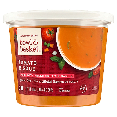 Bowl & Basket Tomato Bisque Soup, 20 oz
Slow-Simmered Tomatoes & Sautéed Garlic in a Vegetable Stock & a Touch of Light Cream with Carrots, Onions & Chopped Basil