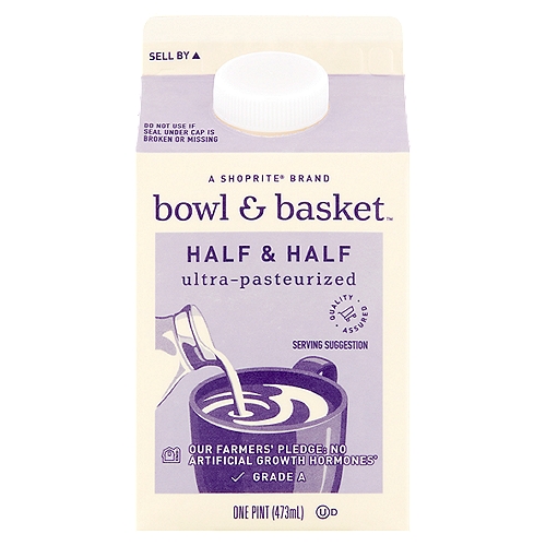 Bowl & Basket Half & Half, one pint
Our Farmers' Pledge: No Artificial Growth Hormones*
*No Significant Difference Has Been Shown Between Milk Derived from rBST Treated and Non-rBST Treated Cows.