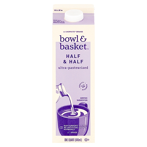 Bowl & Basket Half & Half, one quart
Our Farmers' Pledge: No Artificial Growth Hormones*
*No Significant Difference Has Been Shown Between Milk Derived from rBST Treated and Non-rBST Treated Cows.