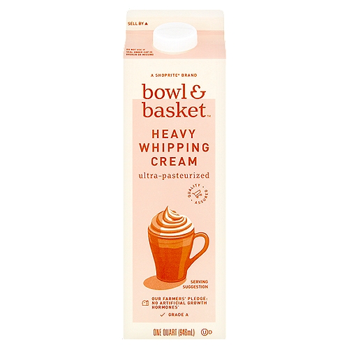 Bowl & Basket Heavy Whipping Cream, one quart
Our Farmers' Pledge: No Artificial Growth Hormones*
*No Significant Difference Has Been Shown Between Milk Derived from rBST Treated and Non-rBST Treated Cows.