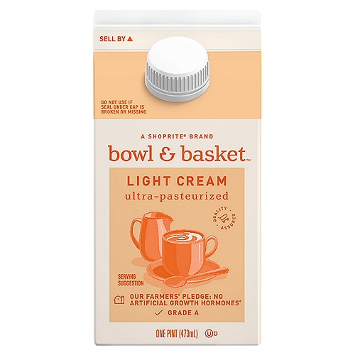 Bowl & Basket Light Cream, one pint
Our Farmers' Pledge: No artificial growth hormones*
*No significant difference has been shown between milk derived from rBST treated and non-rBST treated cows.