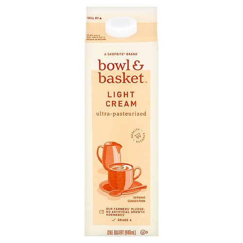 Bowl & Basket Light Cream, one quart
Our Farmers' Pledge: No Artificial Growth Hormones*
*No Significant Difference Has Been Shown Between Milk Derived from rBST Treated and Non-rBST Treated Cows.