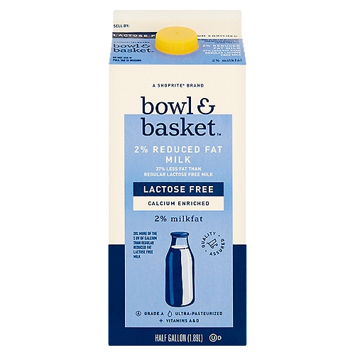 Bowl & Basket Lactose Free Calcium Enriched 2% Reduced Fat Milk, half gallon
Fat Reduced from 8g to 5g Per Serving Compared to Regular Lactose Free Milk. Calcium Increased from 25% DV to 45% DV Per Serving Compared to Regular Reduced Fat Lactose Free Milk.